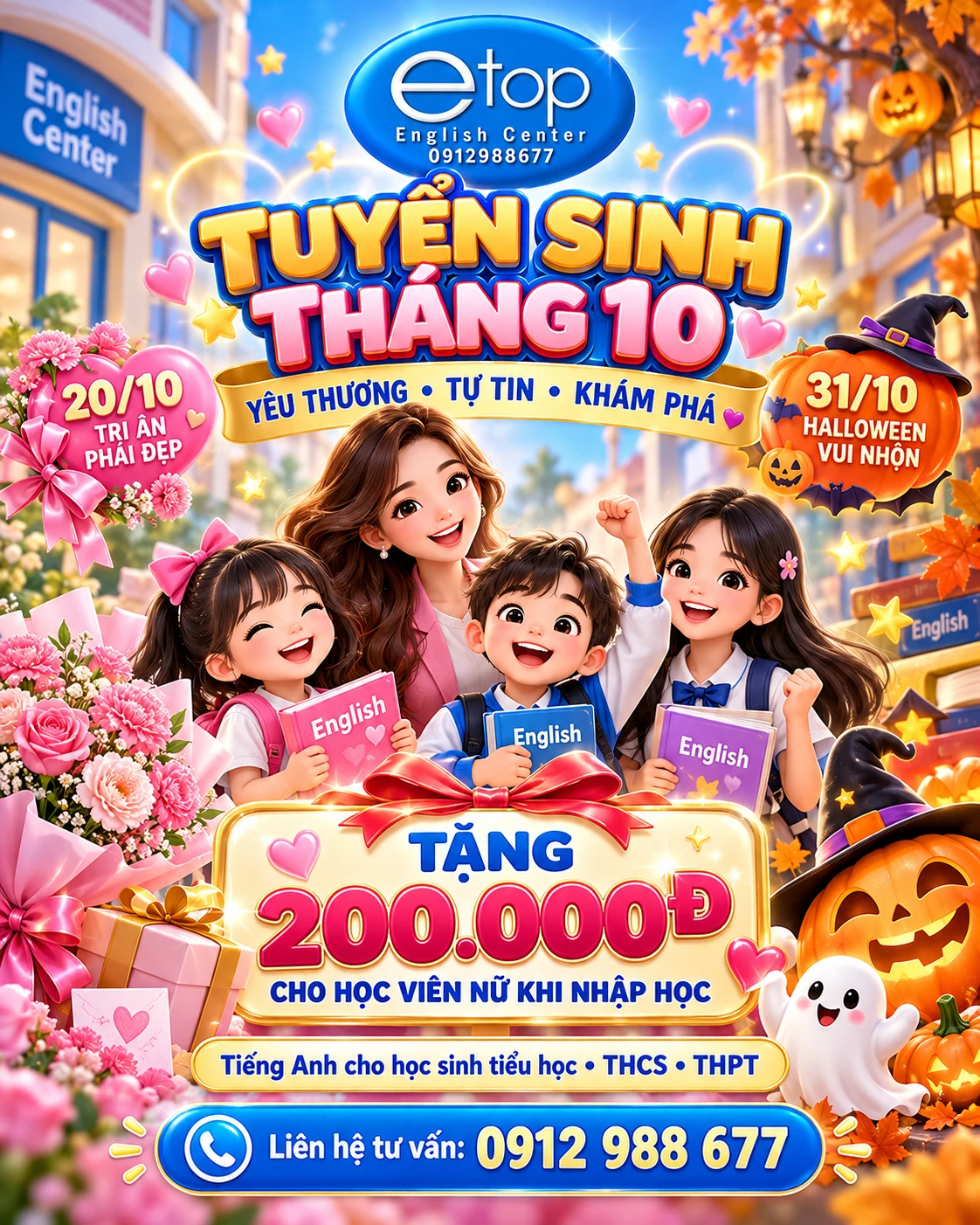 ETOP tuyển sinh tháng 10/2026: Tri ân phái đẹp 20/10, Halloween vui nhộn 31/10, tặng 200.000đ cho học viên nữ khi nhập học